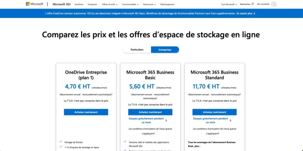 Abonnements OneDrive For Business. Prix en France au 31/08/2023.