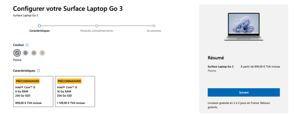 2 configurations disponibles pour le Surface Laptop Go 3