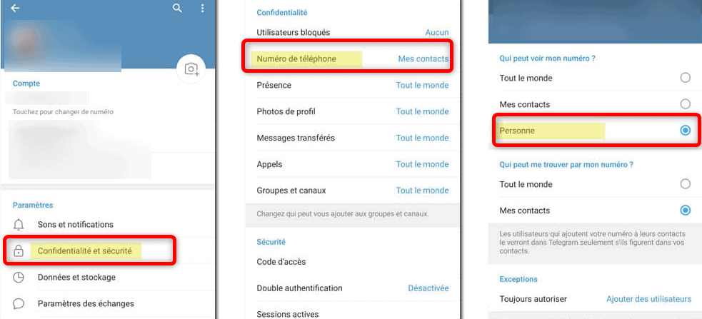 Masquer votre numéro dans Telegram