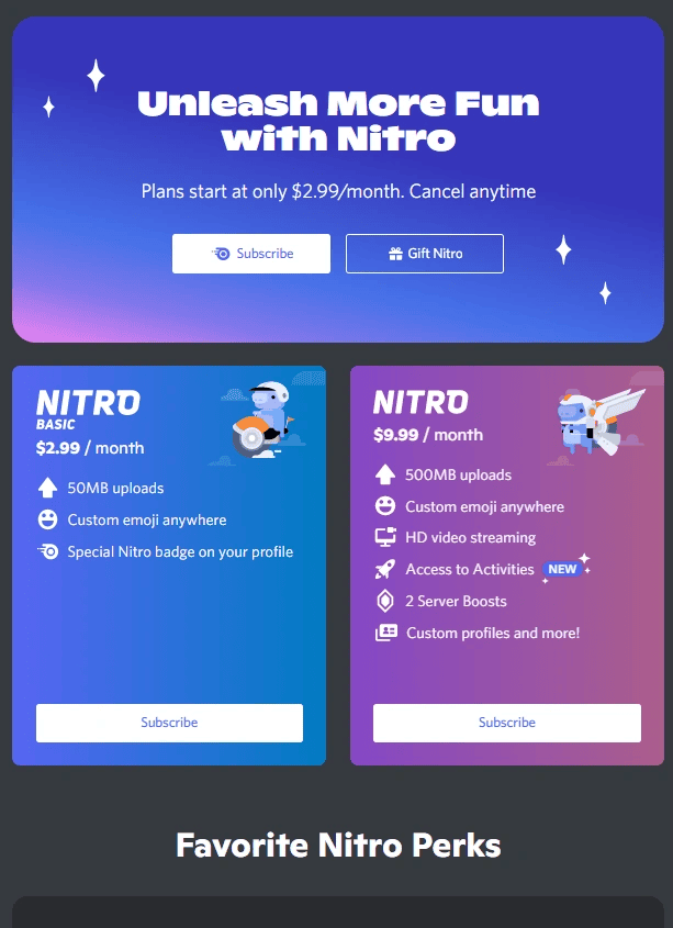 Discord propose 2 offres payantes à date : Nitro Basic et Nitro classique.