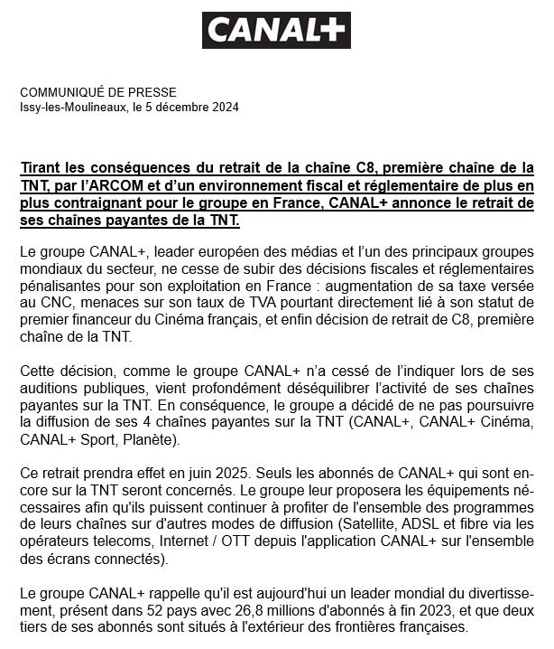 Communiqué de presse de la chaîne