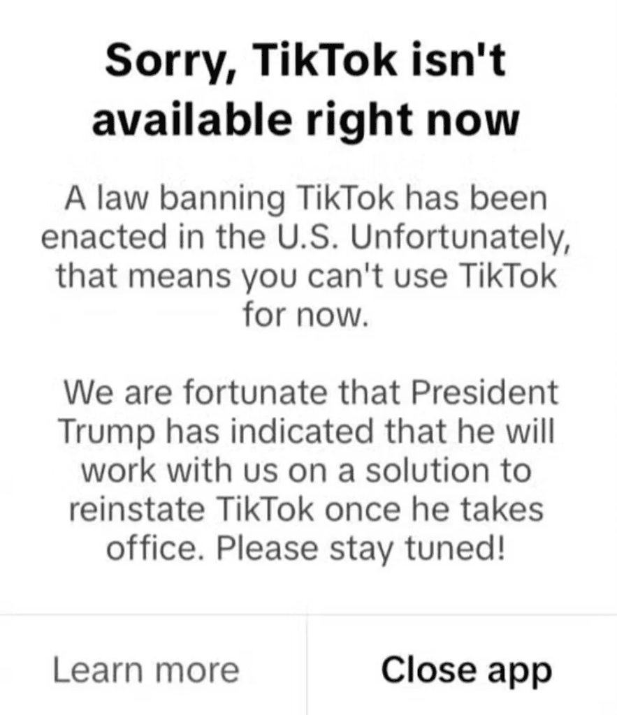 Message qui s'affiche aux Etats-Unis sur l'application iOS de TikTok